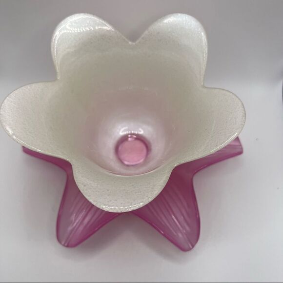 Large Frosted Glass Tulip Candle Holder. Glitter White and Pink Tulip - Picture 2 of 8